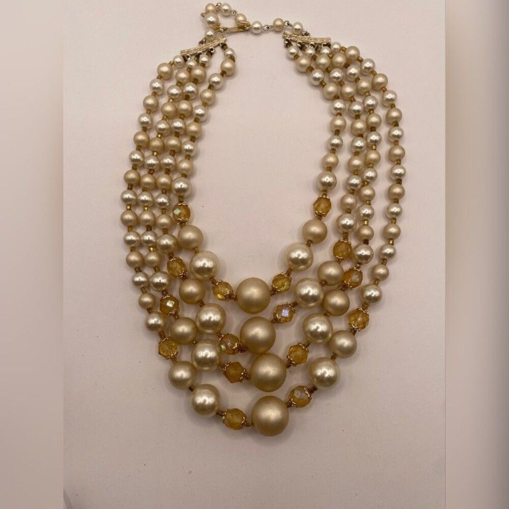 Vintage Women’s Necklace 4 Strand Cream Faux Pearls Beads Crystals Party 16”